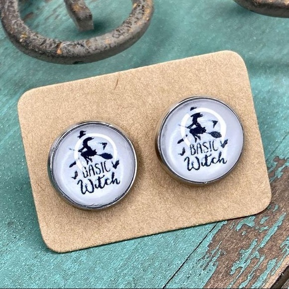 Whiskey Kiss Jewelry - BASIC WITCH Cabochon Stud Graphic Earrings